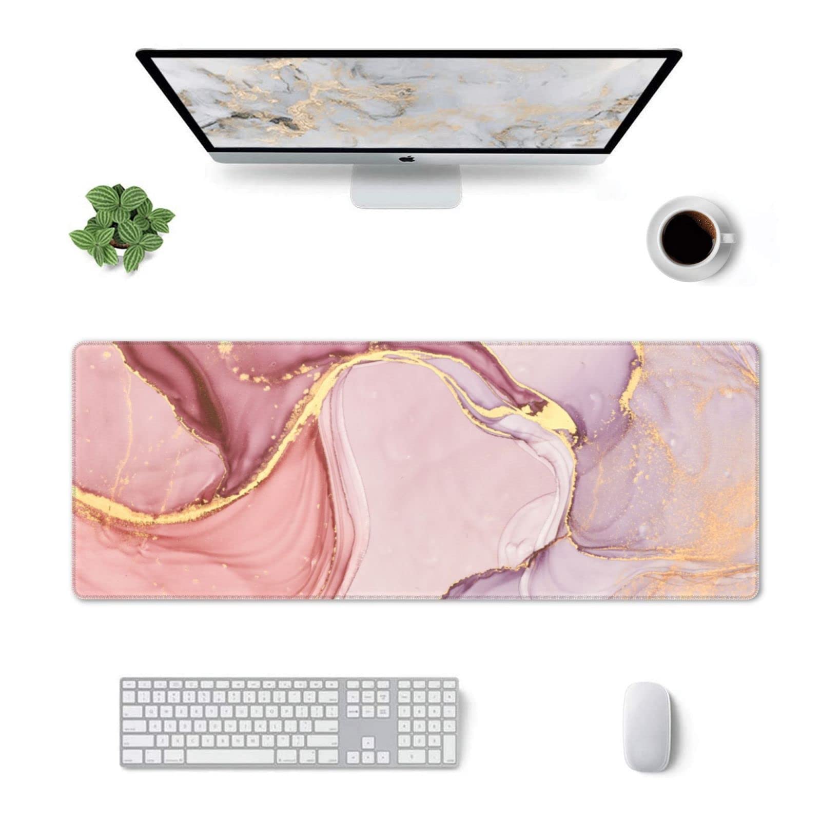 Rose Gold Marble Mouse Pad Abstract Pink Desk Mat 31.5x11.8 Inch Marbled Texture Non-Slip Rubber