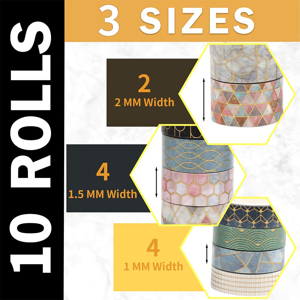 CCINEE 10 Rolls Washi Tape Set,Geometric Gold Foil Decorative Masking Tape for Bullet Journal