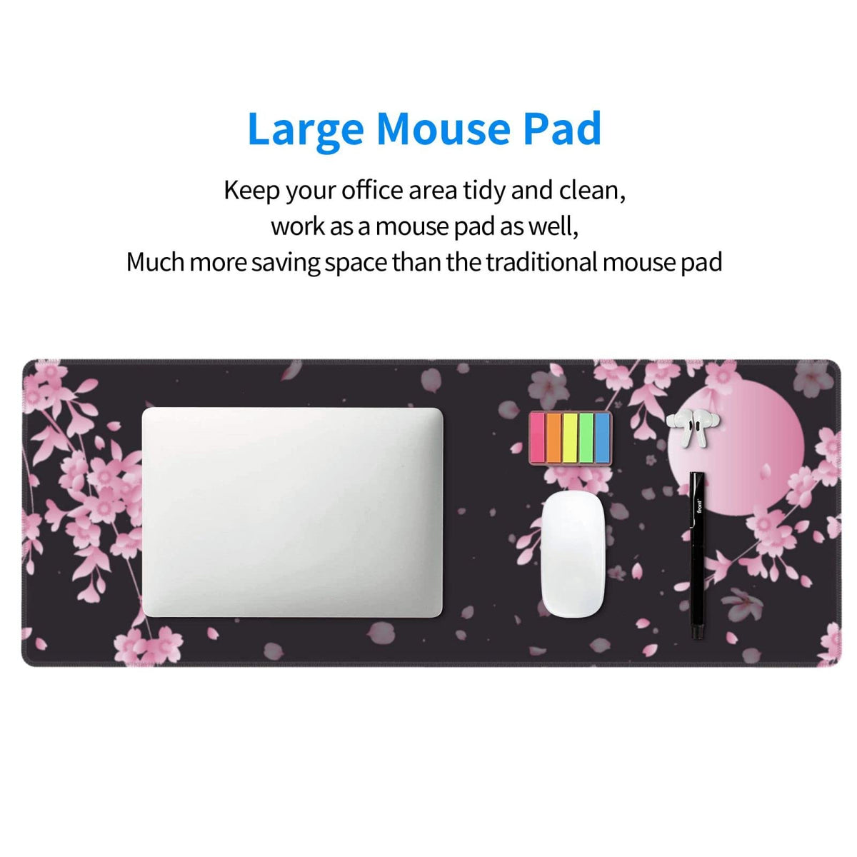Japanese Cherry Blossom Black Pink XXL XL Large Gaming Mouse Pad for Desk, Non-Slip Long Extended