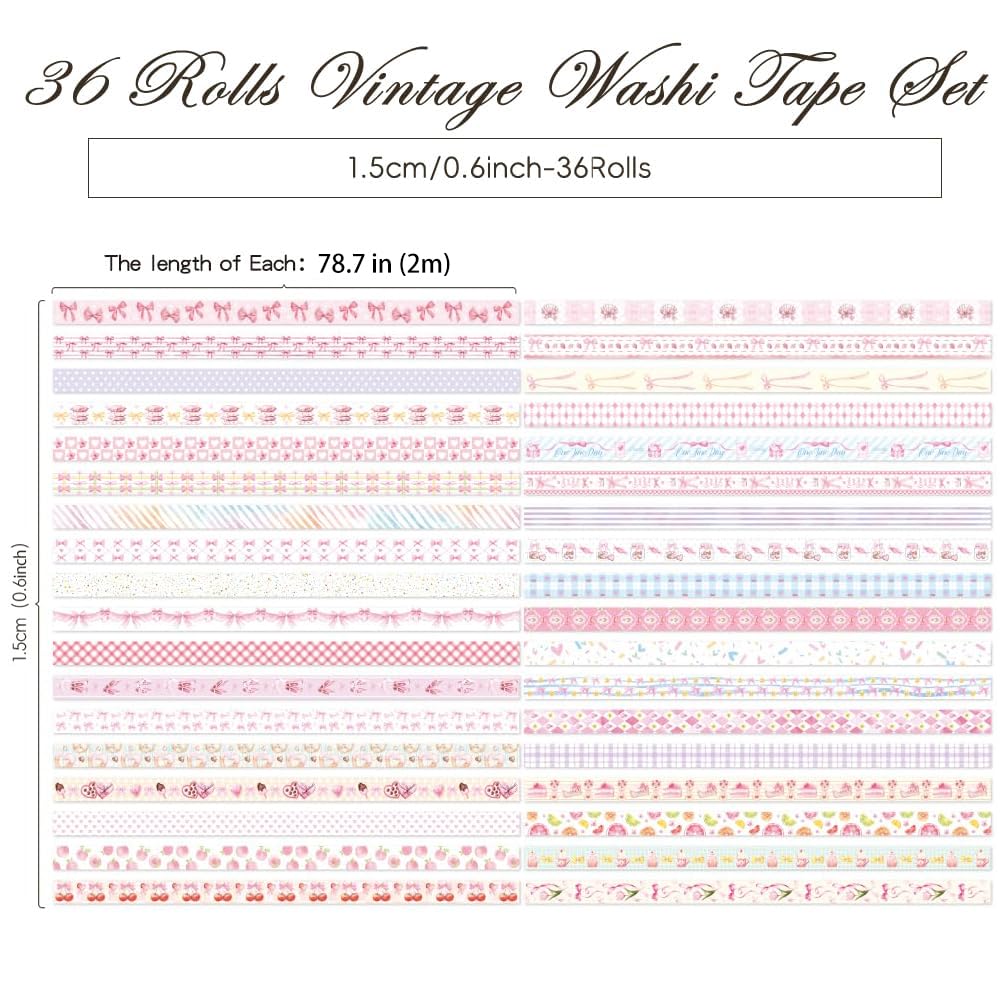 icceemee 36 Rolls Sweet Pink Theme Washi Tape Set with Different Colorful Patterns, Writable