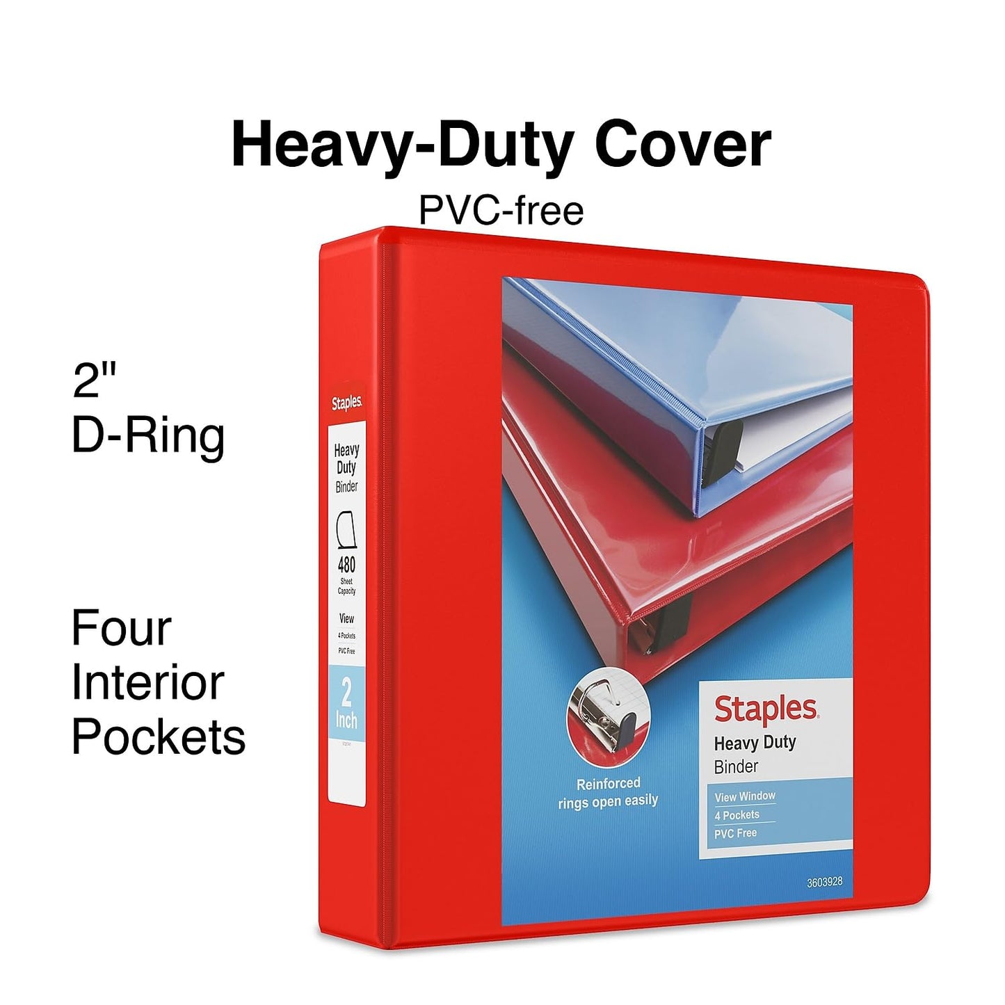 Staples Heavy-Duty 2-Inch D-Ring View Binder, Red, 450 Sheets