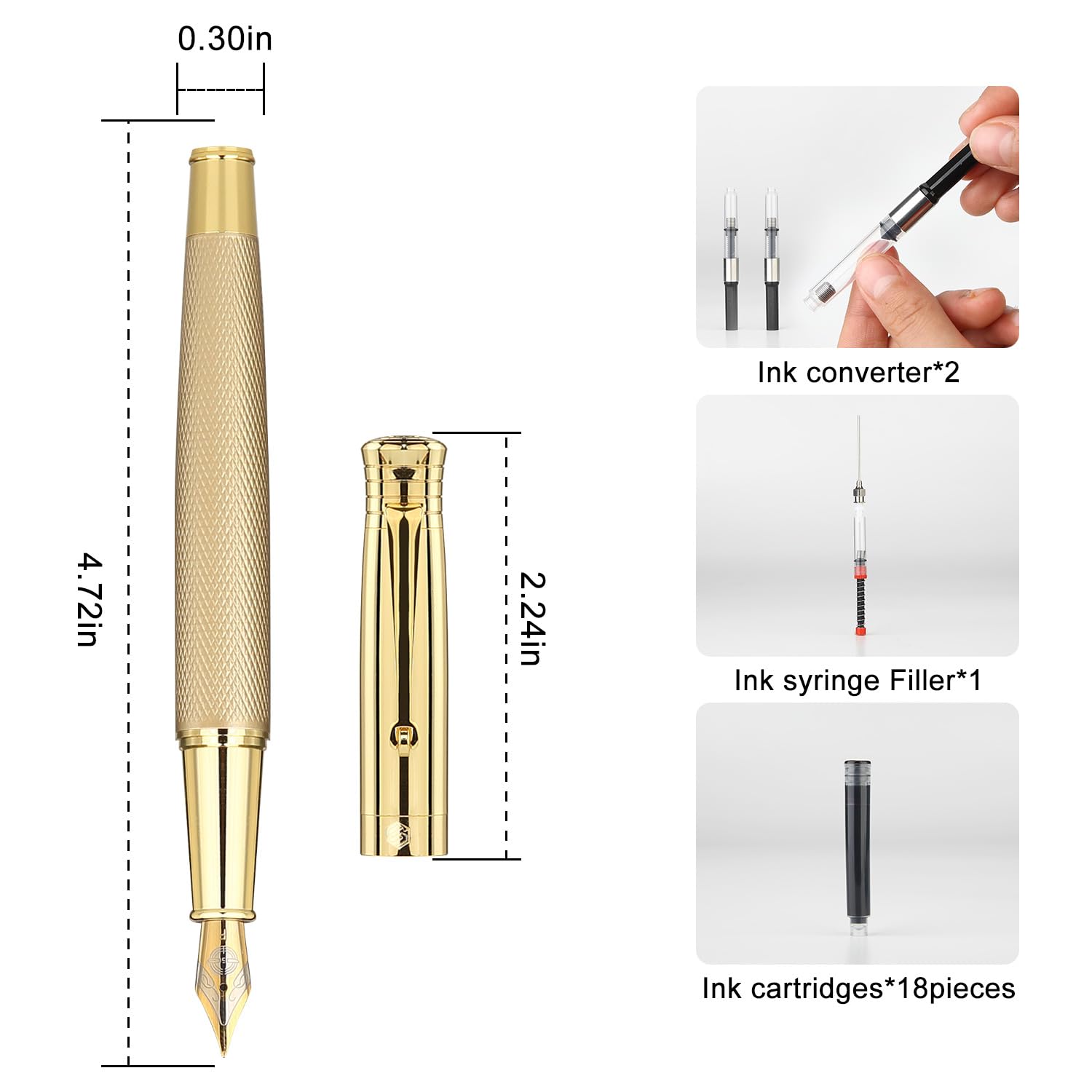 GC QUILL Fancy Fountain Pen Set – Fine and Medium Nibs, 18 Ink Cartridges, Ink Converter, Syringe