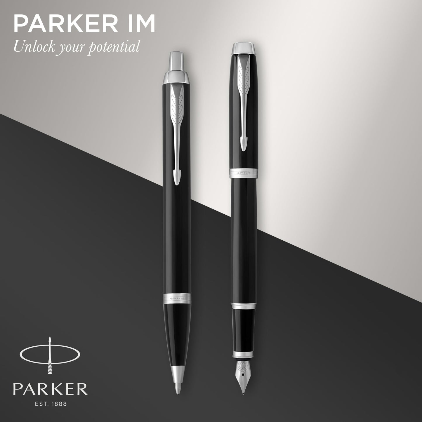 Parker IM Duo Gift Set with Ballpoint Pen & Fountain Pen | Gloss Black with Chrome Trim | Blue Ink
