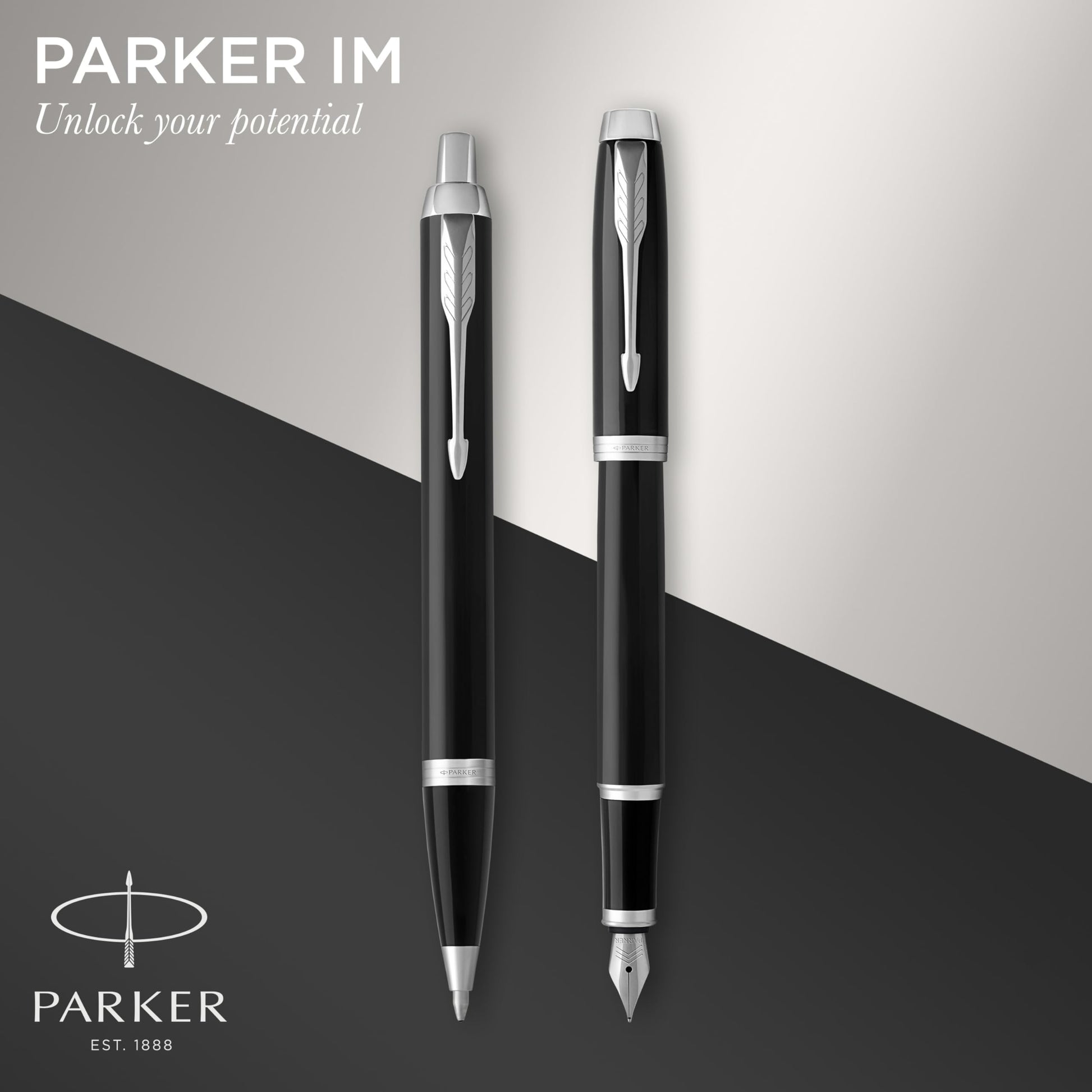 Parker IM Duo Gift Set with Ballpoint Pen & Fountain Pen | Gloss Black with Chrome Trim | Blue Ink
