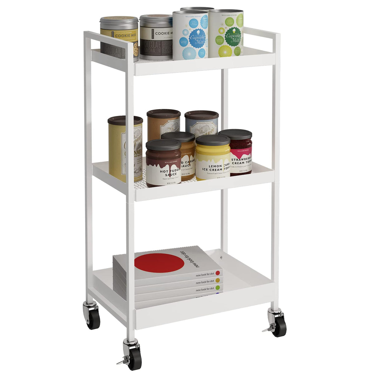 3-Tier Metal Utility Rolling Cart, Heavy Duty Multifunction Rectangular Cart with Lockable Casters
