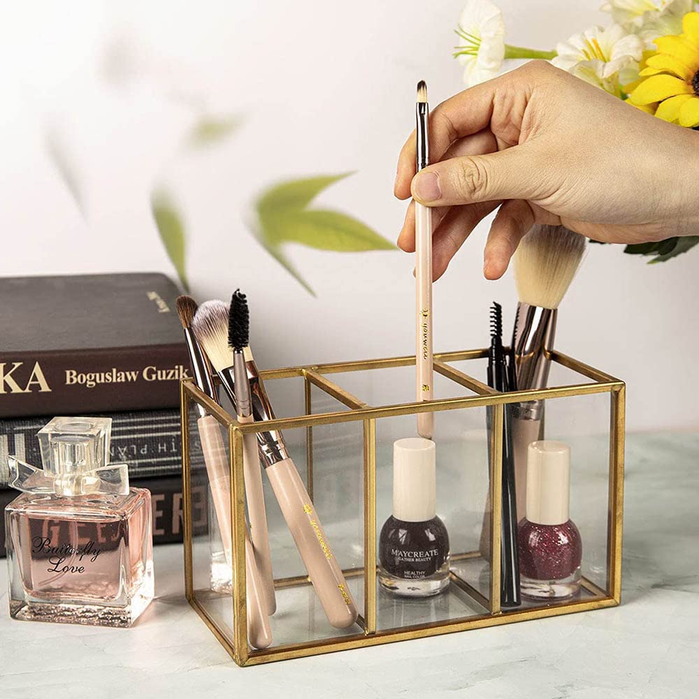 NIUBEE Acrylic Pen Holder 3 Compartments, Gold Pencil Organizer Cup for Countertop Desk Accessory
