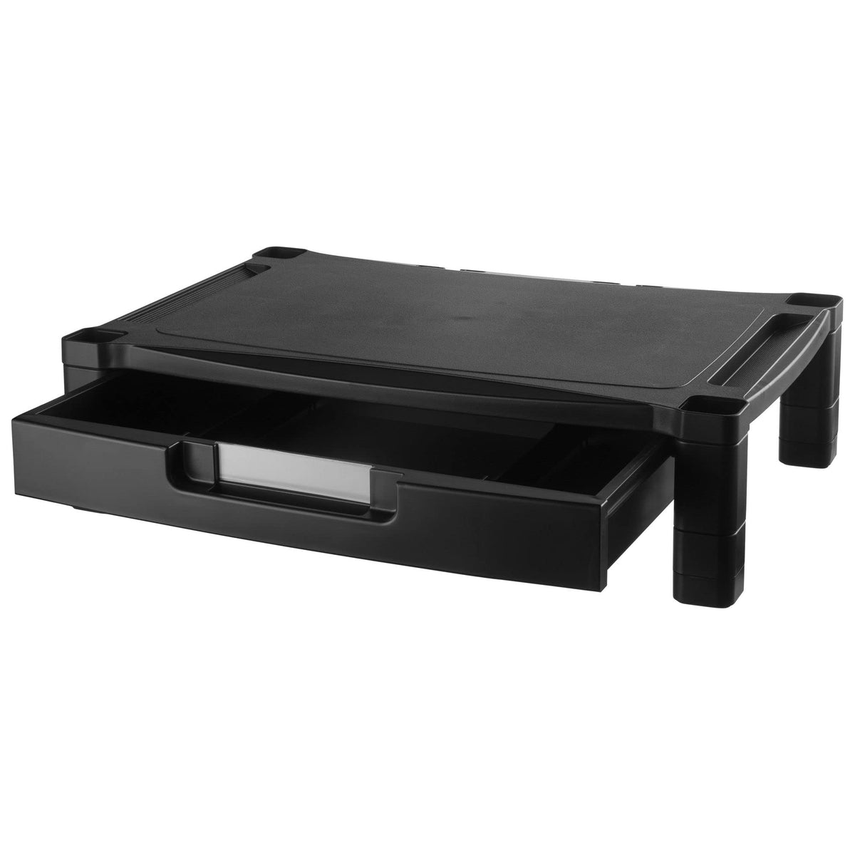 Kantek Wide Deluxe Two-Level Monitor Stand With Drawer, 20" X 13.25" X 3" To 6.5", Black, Supports