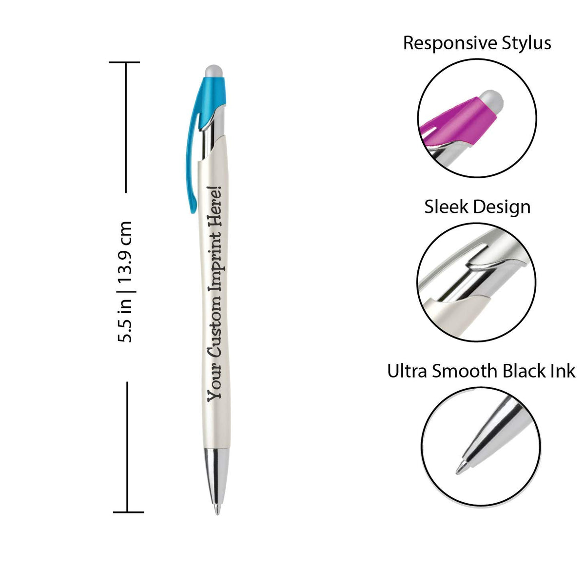 ExpressDesigns™ - Custom Pens with Stylus - The Pearl - Personalized Metallic Printed Name Pens