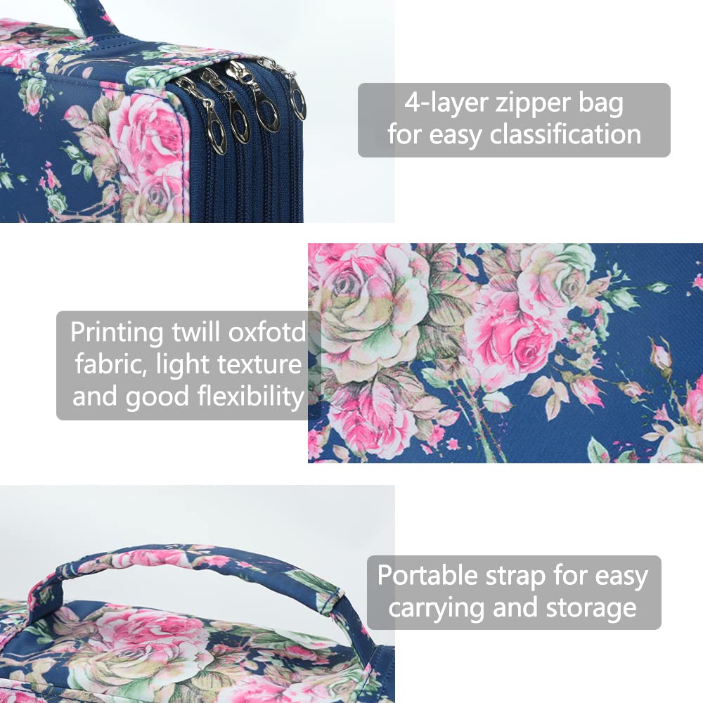 Vomgomfom 300 Slots Marker Case 4-Layer PU Leather, Handle, Blue Rose