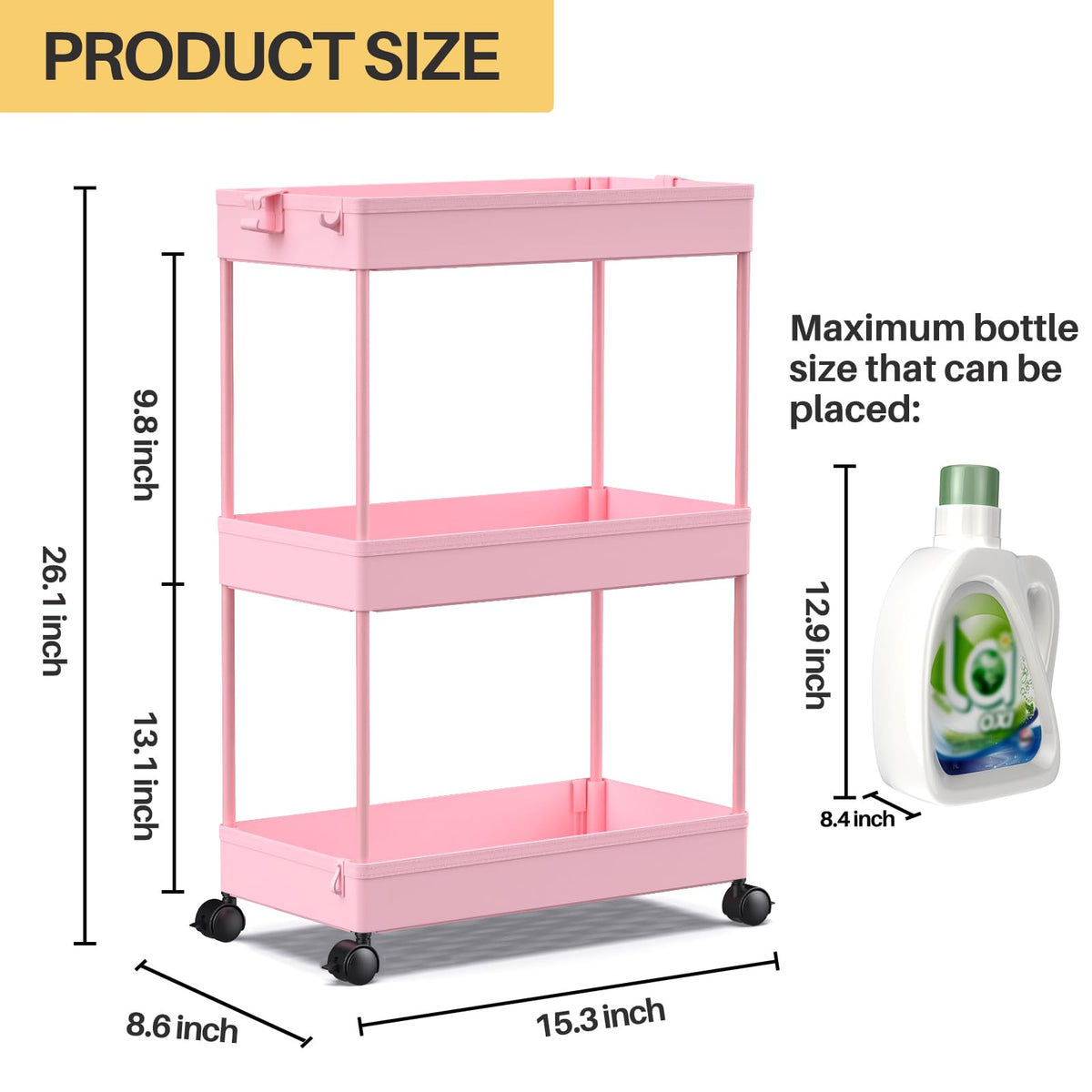 SPACEKEEPER 3 Tier Rolling Cart, Bathroom Cart Organizer with Wheels, Pink