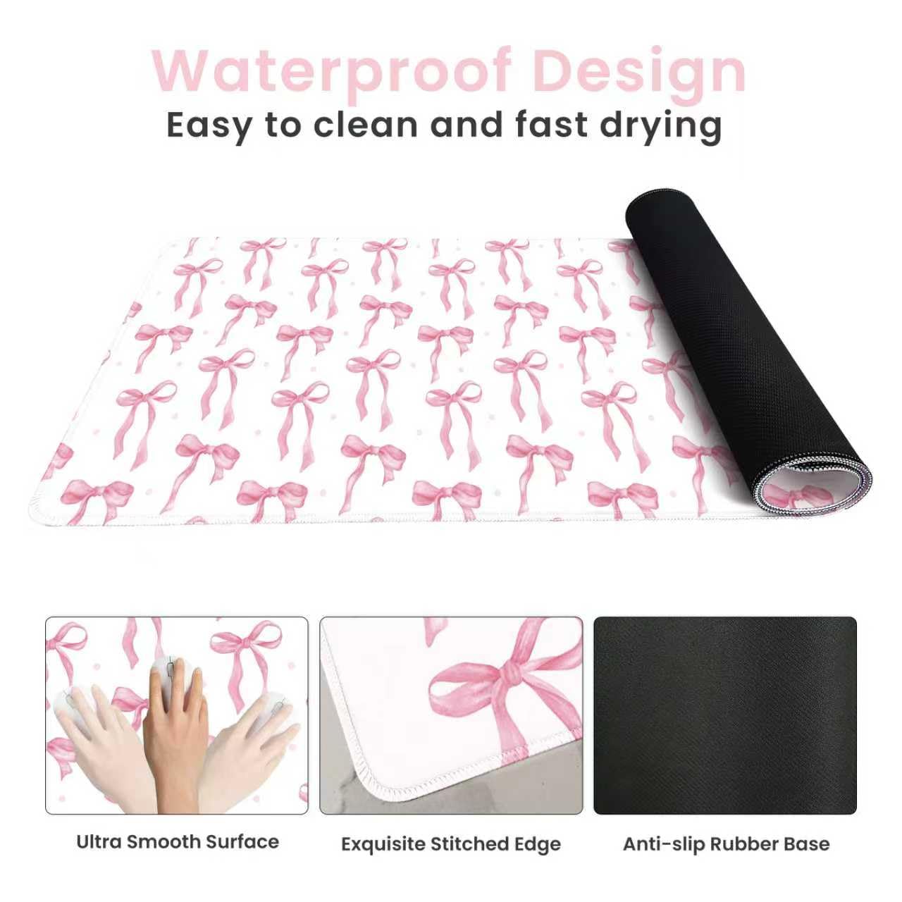 Pink Desk Mat, Bows Mouse Pad Computer Mat Desk Accessories 35.4 x 15.7in