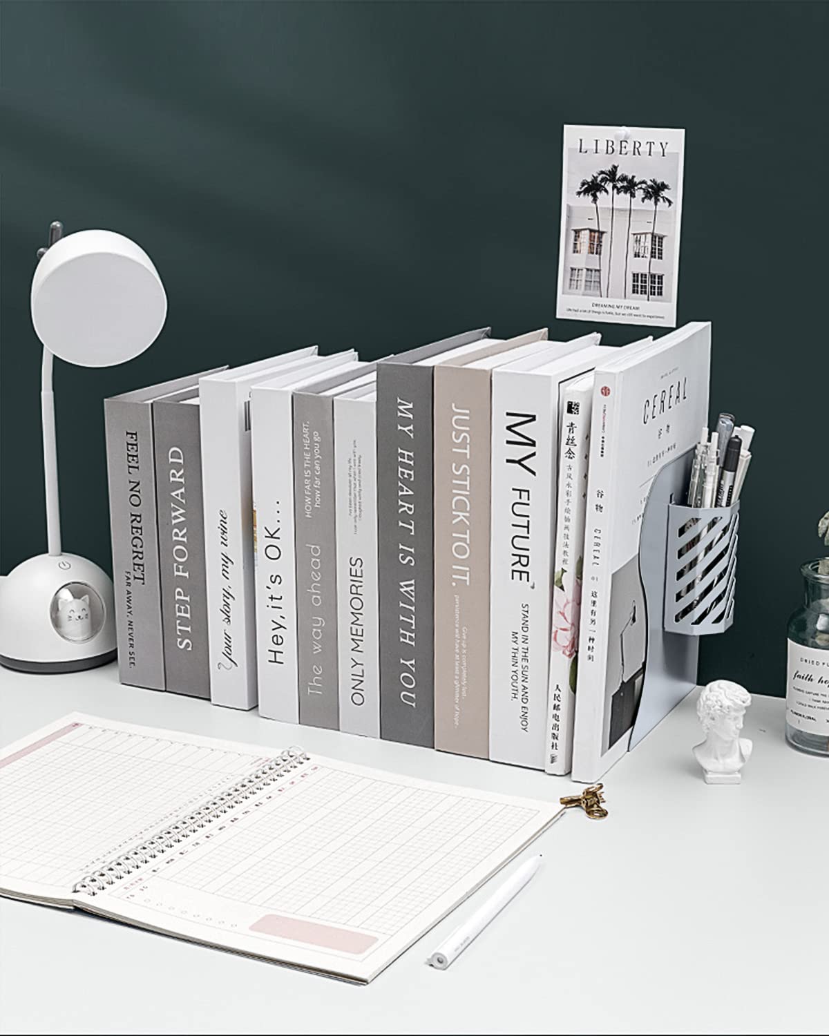MSDADA Adjustable Bookends, Book Ends for Heavy Books, Expandable Book Organizer with Pen Holder