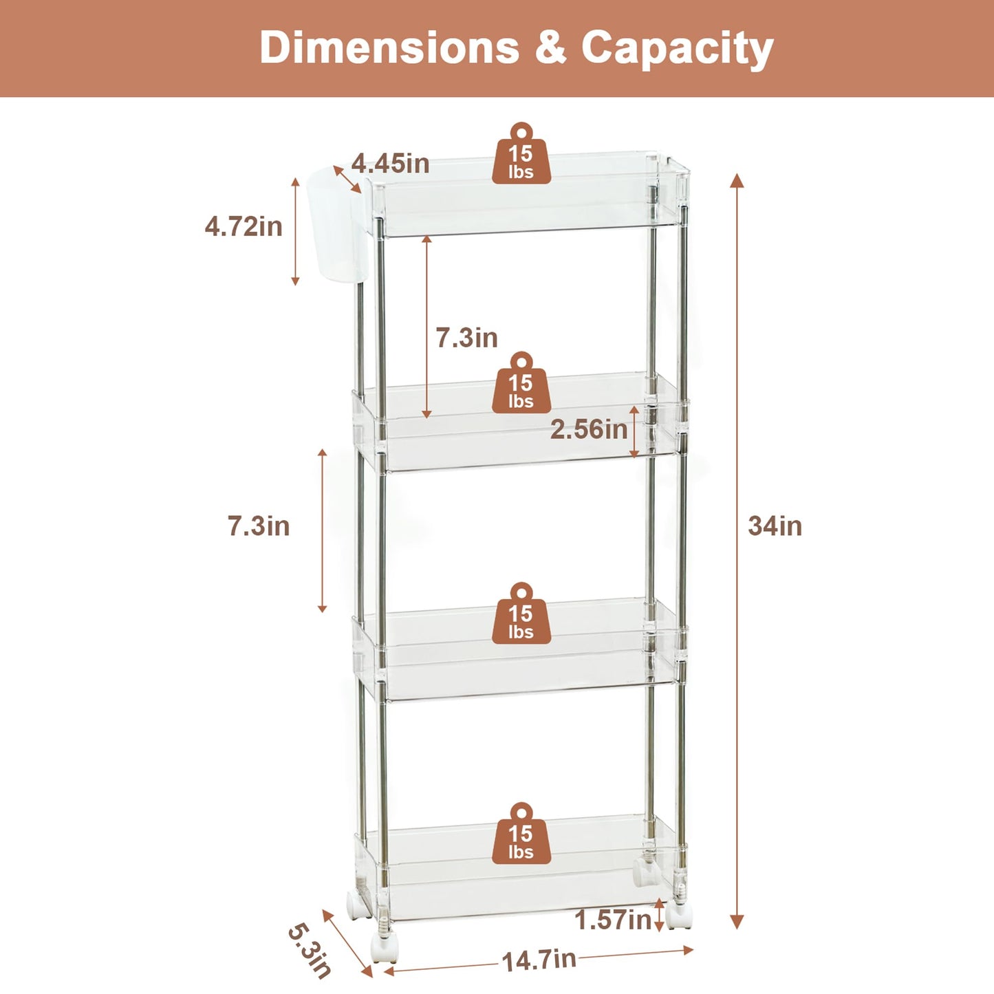 VECELO Acrylic 4-Tier Rolling Cart, Slim Utility Cart for Storage, Mobile Storage Cart with