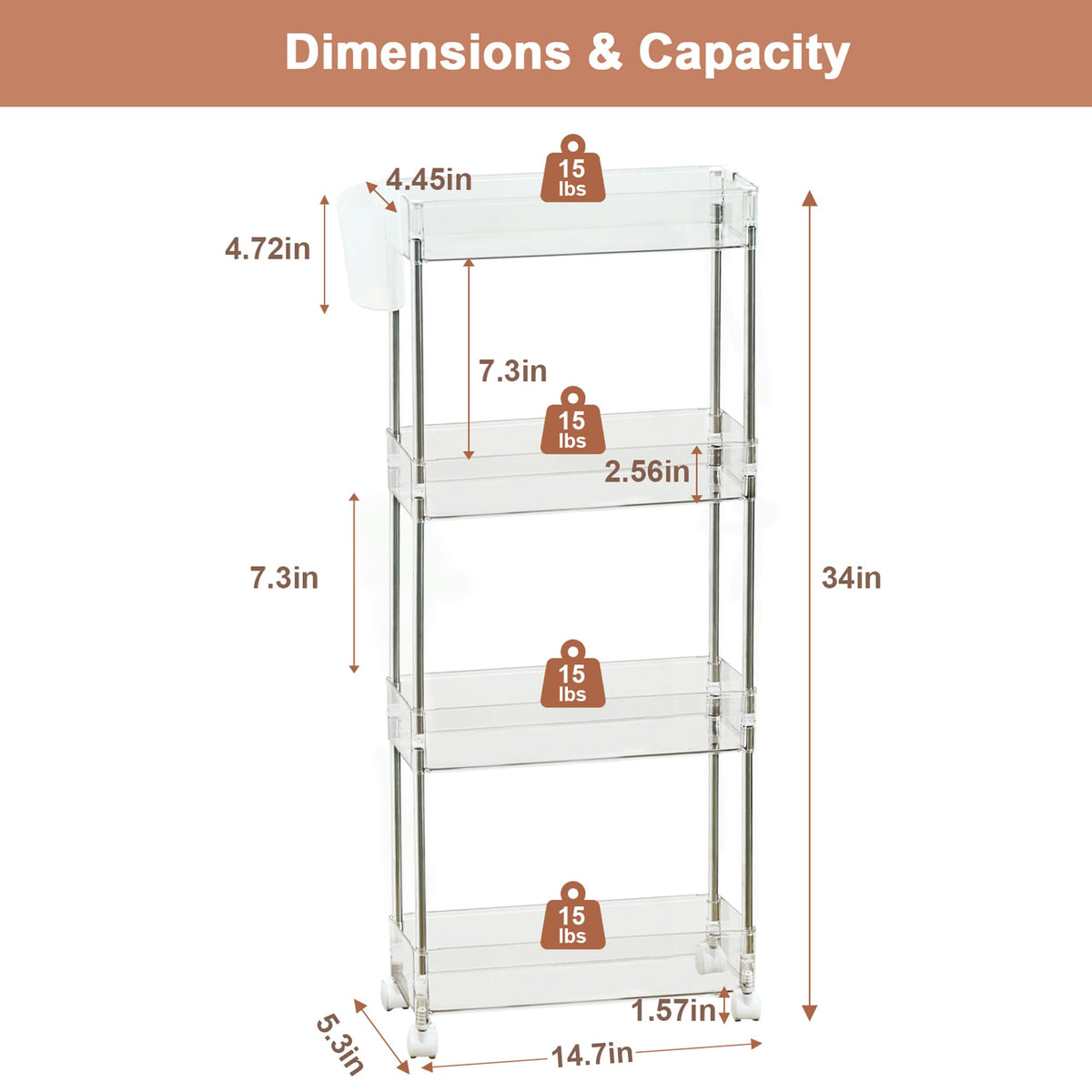 VECELO Acrylic 4-Tier Rolling Cart, Slim Utility Cart for Storage, Mobile Storage Cart with
