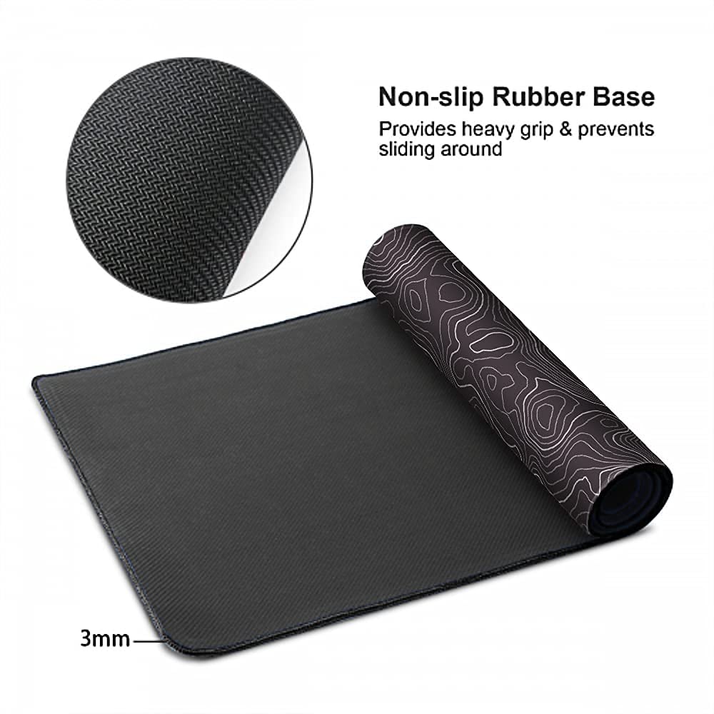 keepcute Black Topographic Desk Mat, Large Gaming Mouse Pad 35.4x15.7in