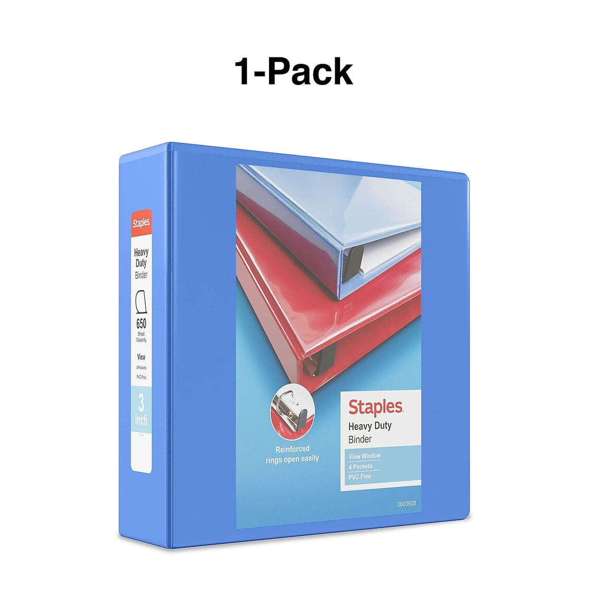 Staples Heavy-Duty 3-Inch D-Ring View Binder, Periwinkle, 600 Sheets
