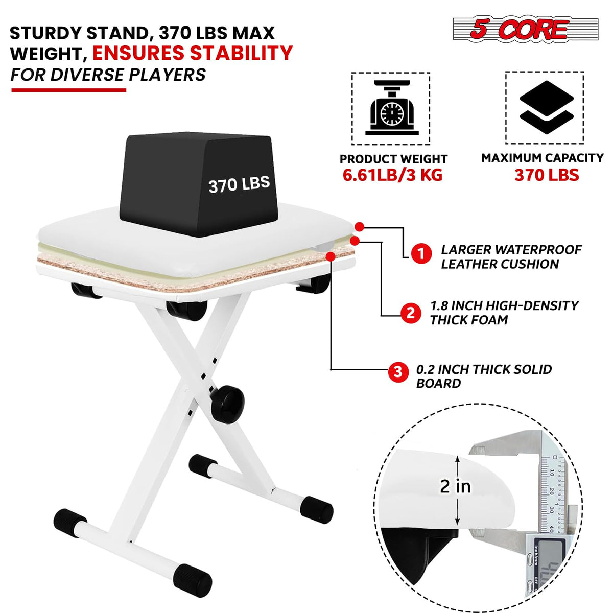 5 CORE Keyboard Bench X Style Padded Cushion Height Adjustable Piano Stool Seat Portable Keyboard