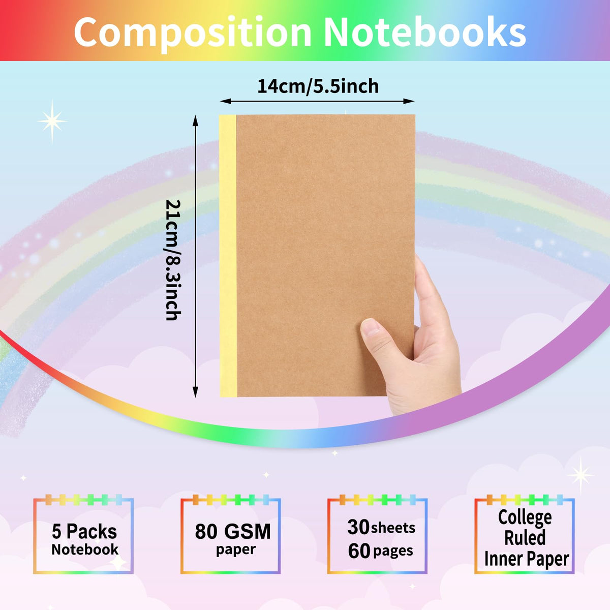 EOOUT Notebooks for Kids 5 Pack A5 Composition Notebook, Kraft Lined Journal Bulk with Blue Spine