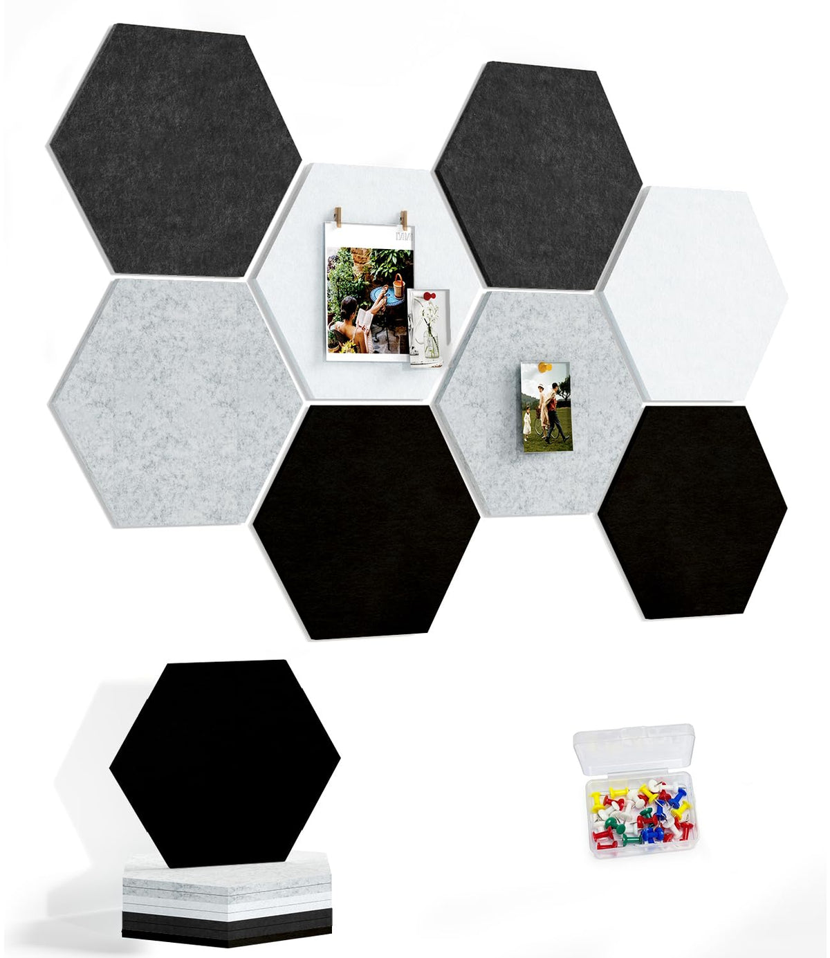 Uoisaiko 8 Pack Hexagon Felt Bulletin Board Tiles - 11.8" Large Thick Pin Board for Walls with 30