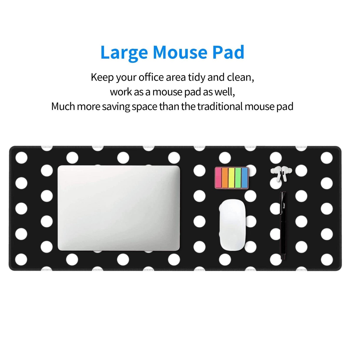 White Polka Dot Mouse Pad Extended Large Gaming Mousepad XL Big Long Oversized Desk Mat Stitched