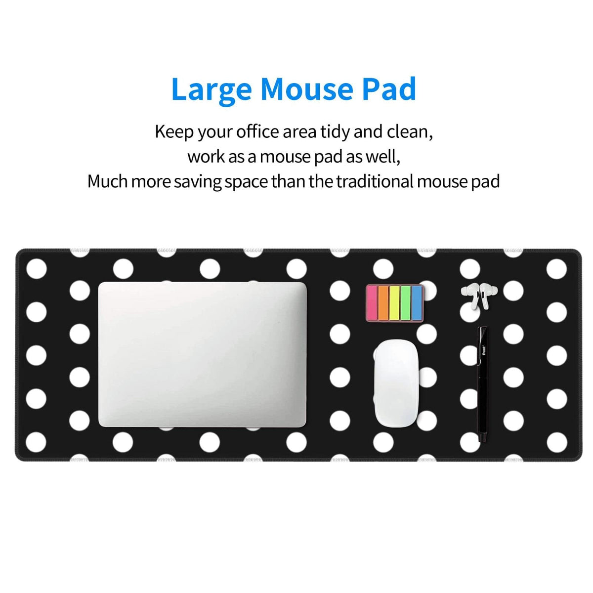 White Polka Dot Mouse Pad Extended Large Gaming Mousepad XL Big Long Oversized Desk Mat Stitched