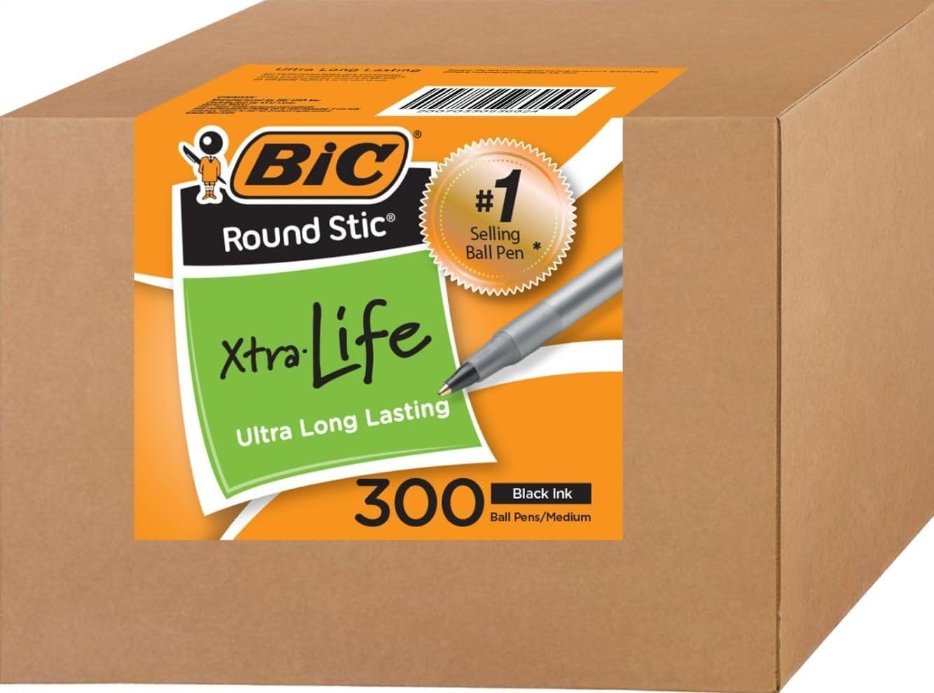 BIC Round Stic Xtra Life Ballpoint Pens, 1mm, Black Ink Pens, 300 Pack