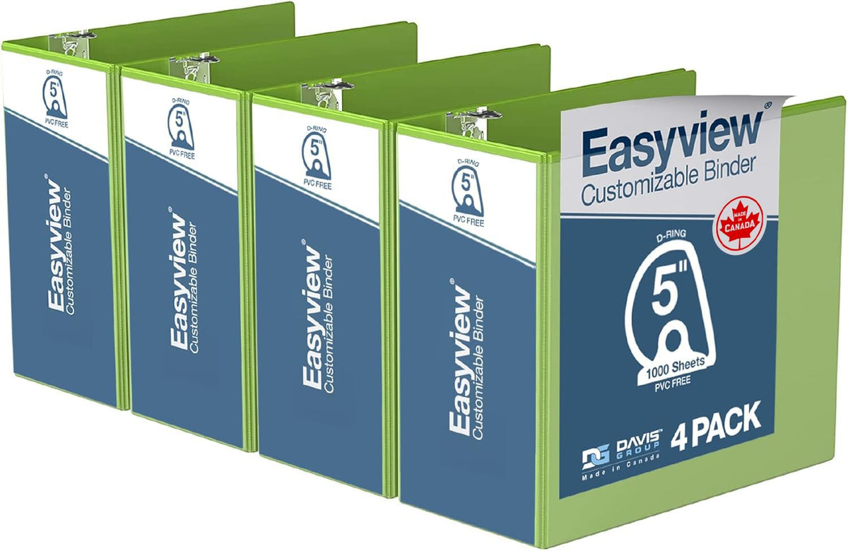 Easyview 3-Ring Binder, Clear-View Cover, 5" D Rings, Lime Green, 4 Pk