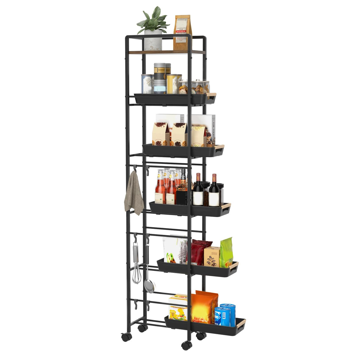 MAYBOSS 6 Tier Slim Storage Cart with Pull-Out Baskets Rolling Cart with Wheels Wood Top Narrow