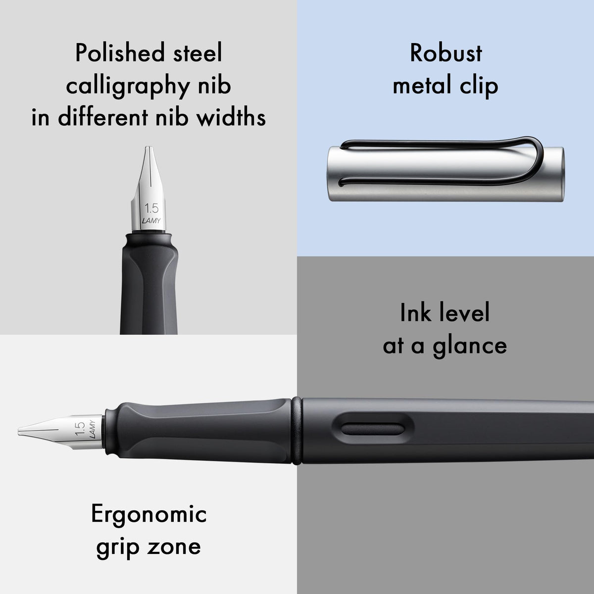 Lamy joy AL - calligraphy fountain pen with ergonomic grip & polished steel nib in line width 1.5