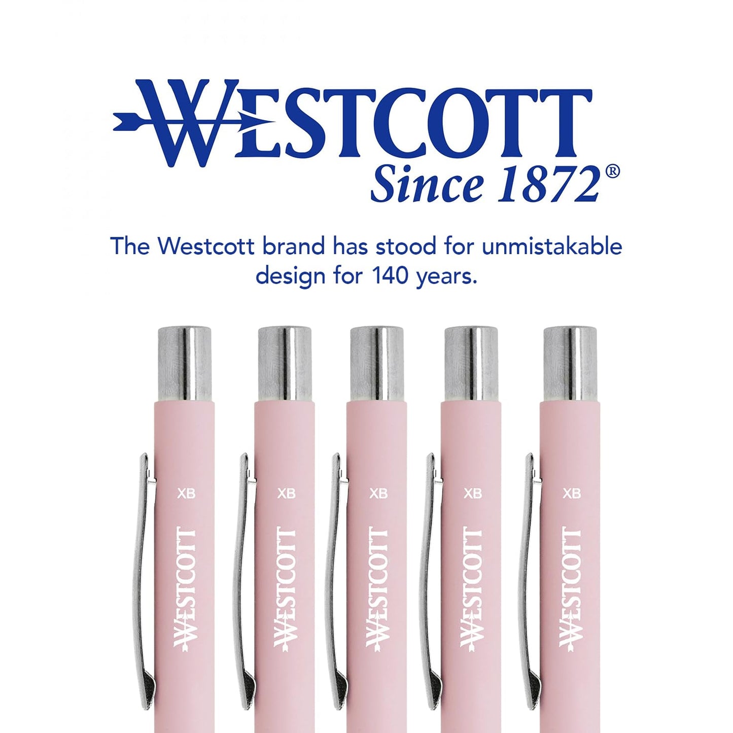 Westcott Premium Ballpoint Pen, Set of 5, Pink Ballpoint Pens Made of Aluminium, Document Safe with