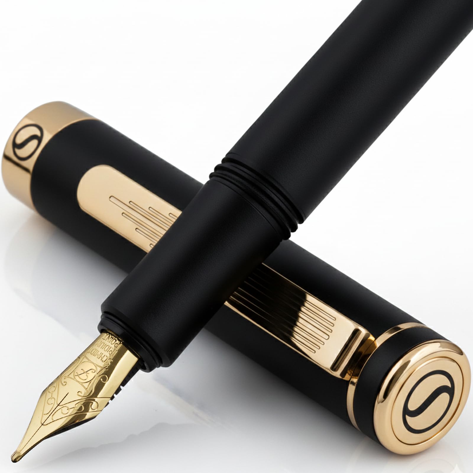 Scriveiner Luxury EDC Fountain Pen (Fine), Stunning Black Pocket Pen with Real Gold Finish, Schmidt