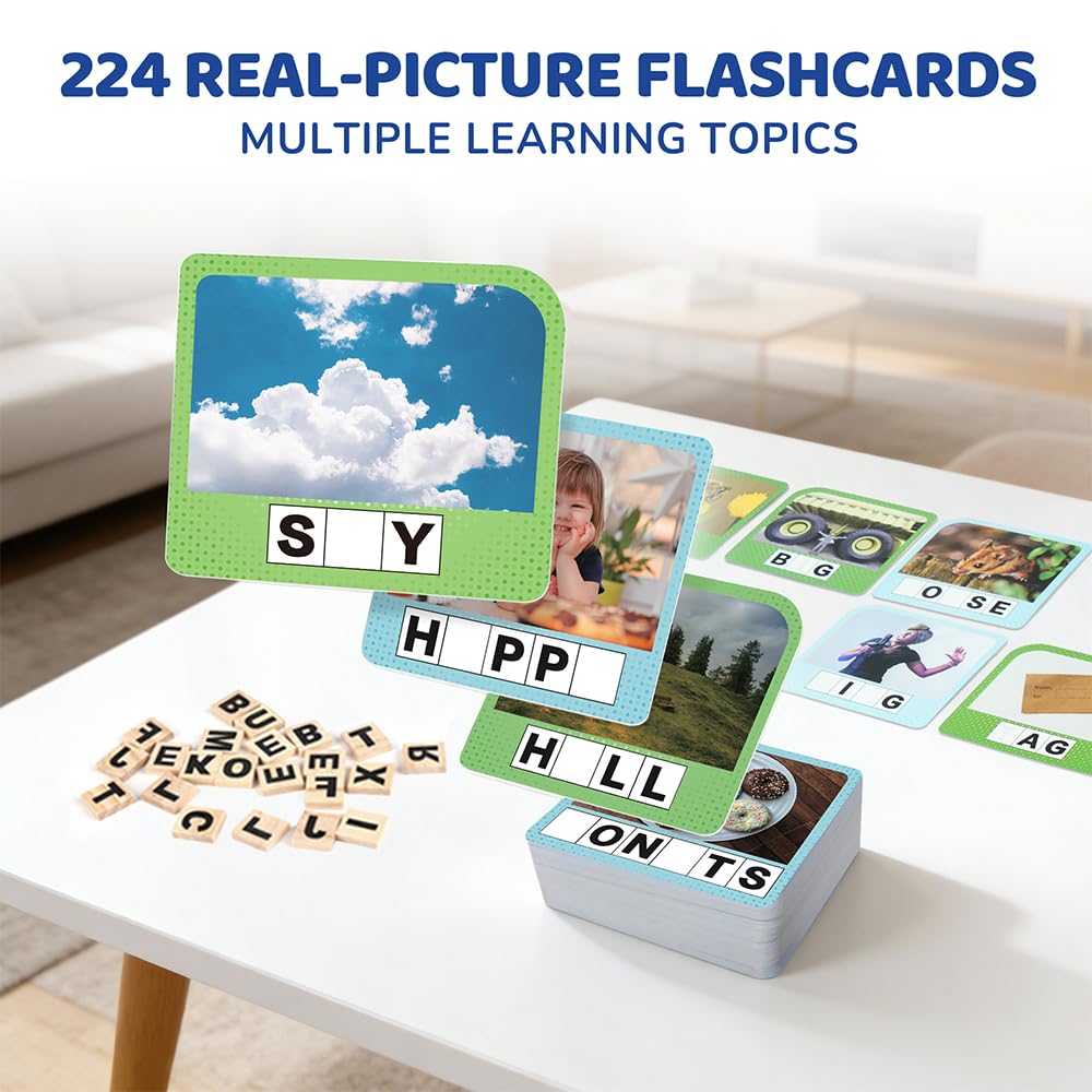 BenBen Spelling Games, 224 Flashcards, 208 Wood Letter Tiles, 1-4 Players, Learning Games for Kids