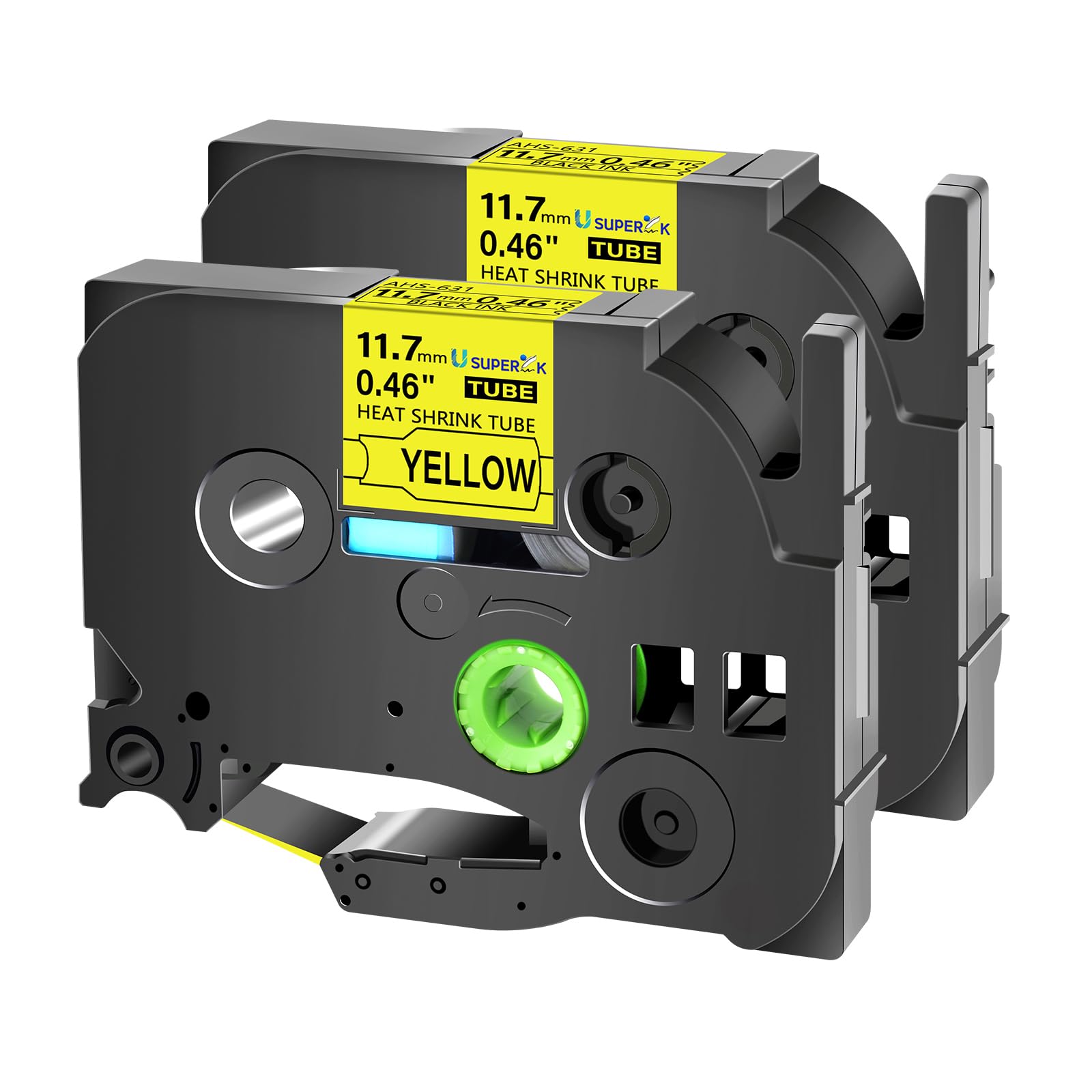 USUPERINK 2PK Compatible for Ptouch HSe-631 HSe631 HS-631 HS631 Black on Yellow 11.7mm 0.46'' Heat