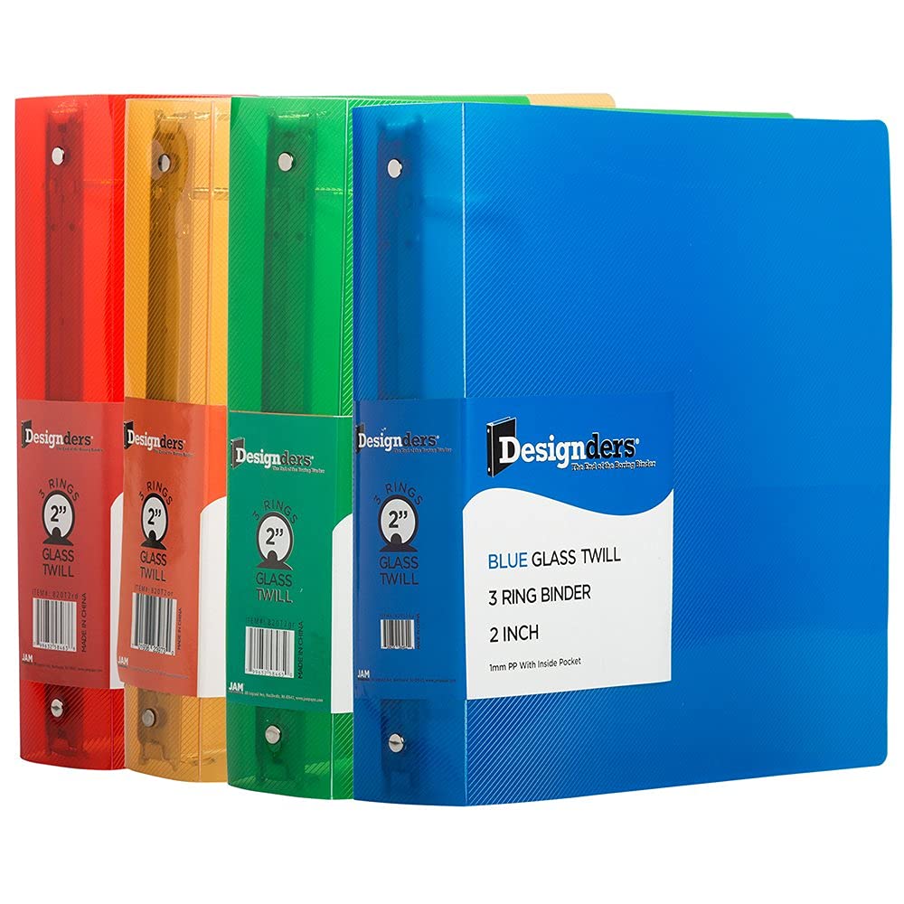JAM PAPER Plastic 2 inch Binders - Assorted 3 Ring Binders (Red, Blue, Green & Orange) - 4/Pack