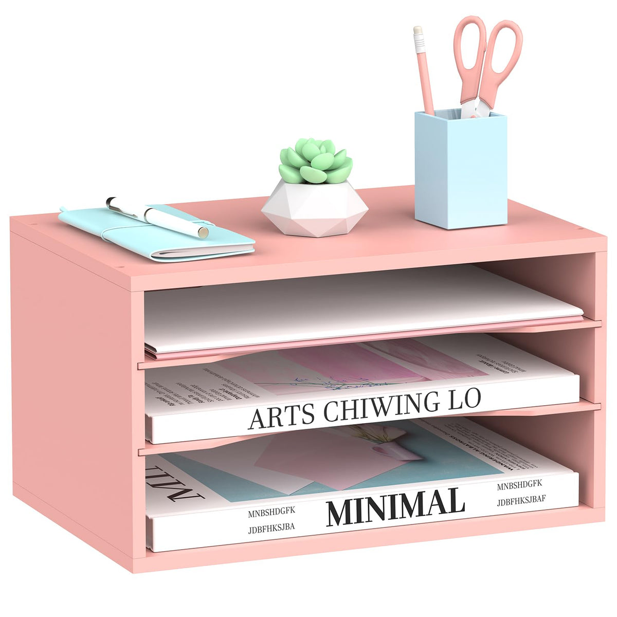 3 Tier Wood Desk Organizer, Mail Sorter and Paper Organizer for Desk, Pink