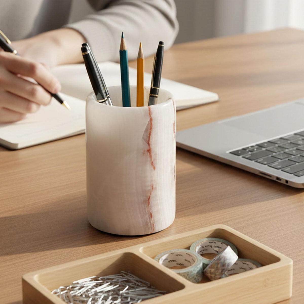 Radicaln Marble Pen Holder For Desk 4" Inches White Onyx Handmade Marker & Pen Holder for Desk