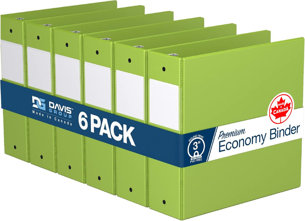 Premium Economy 3-Ring Binder, Spine Label, 3" Round Rings, Lime Green, 6Pk
