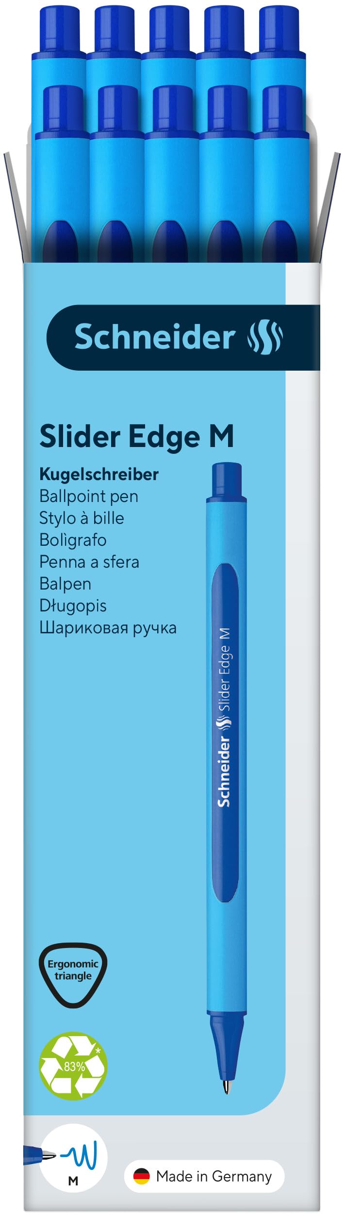 Schneider Slider Edge M (Medium) Ballpoint Pen, 1.0 mm, Light Blue Barrel, Blue Ink, Box of 10 Pens