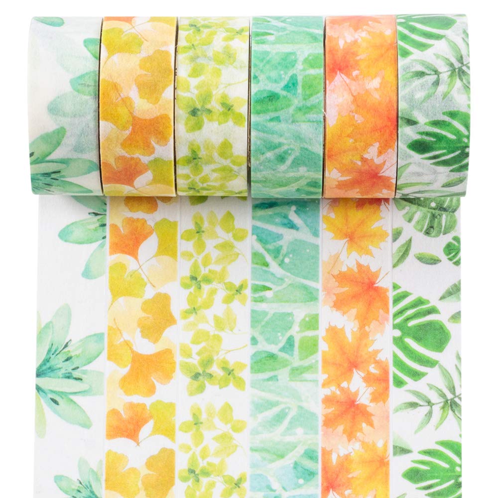 YUBBAEX Lush Plants Washi Tape Set 6 Rolls Floral Masking Decorative Tapes 15mm Wide (Feeling of