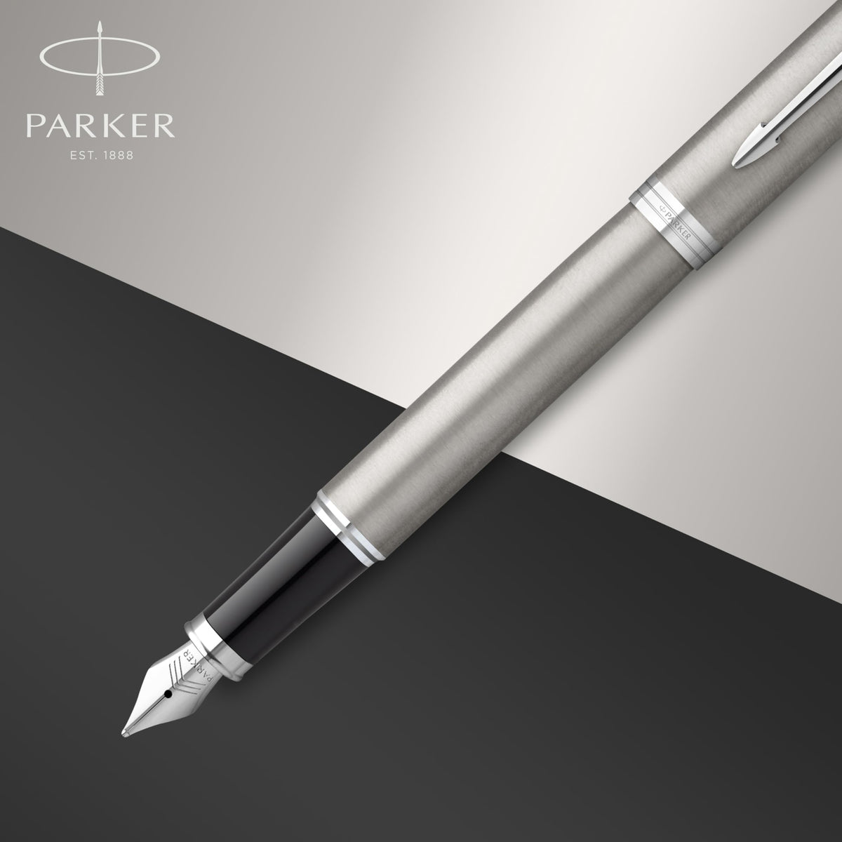 PARKER IM Fountain Pen | Stainless Steel with Chrome Trim | Medium Point with Blue Ink Cartridge |