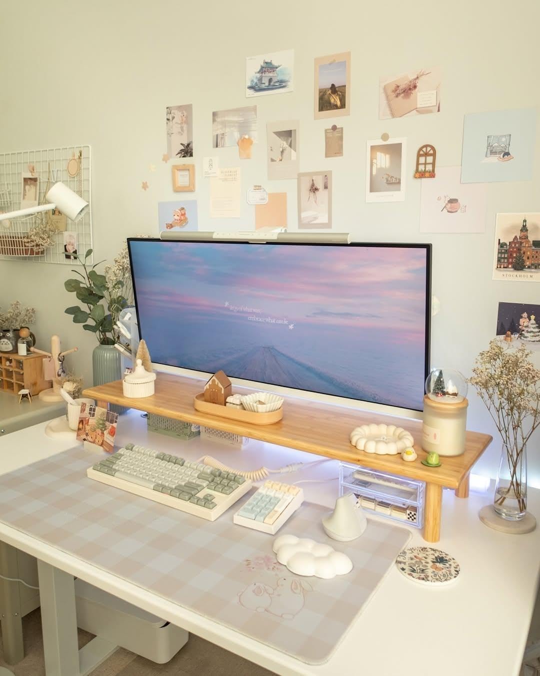 ROCDEER Bamboo Dual Monitor Stand Riser, Natural Desktop Shelf with Storage