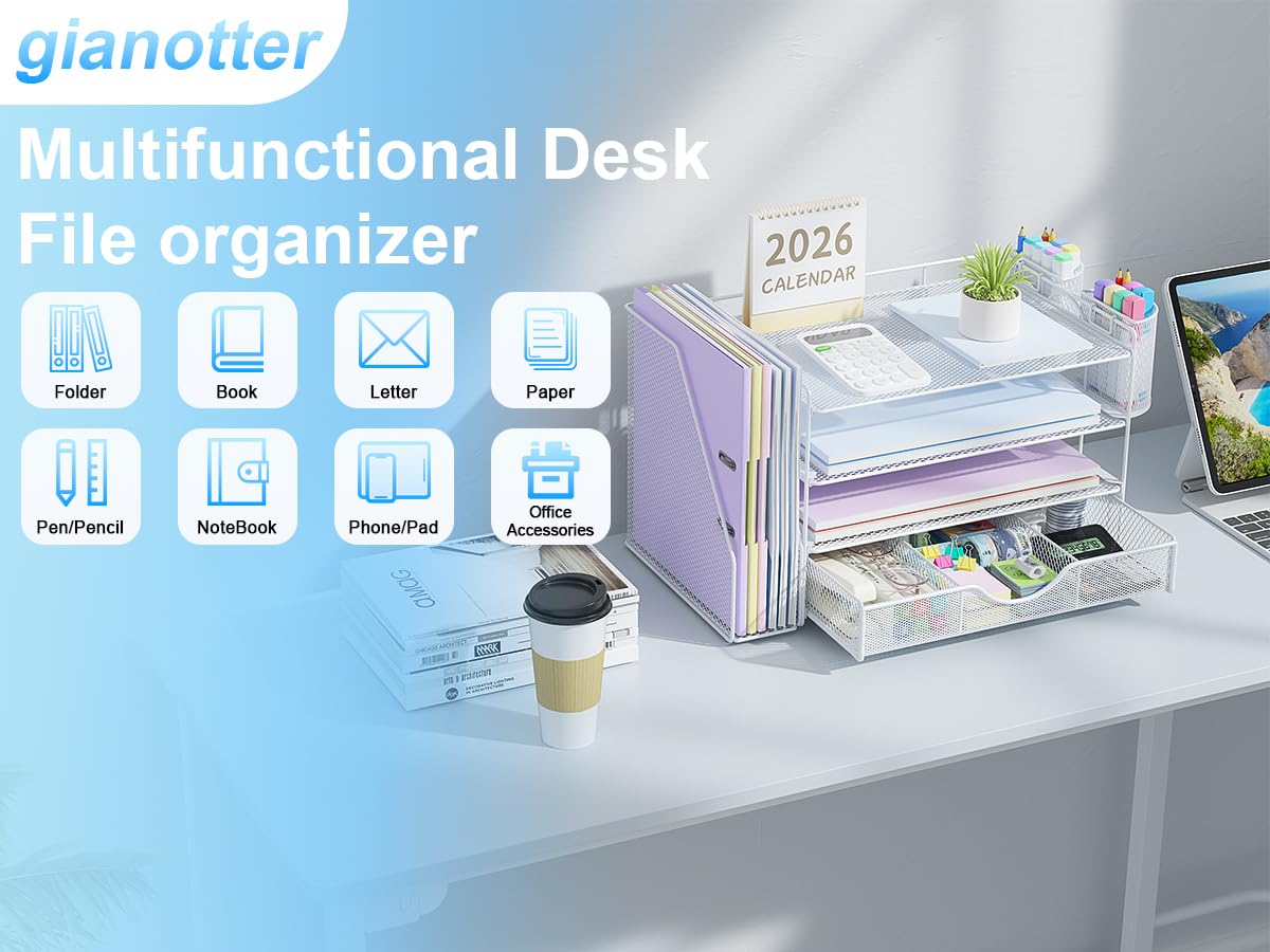 gianotter Desk Organizers and Accessories with File Holder, 4-Tier Desk Accessories & Workspace