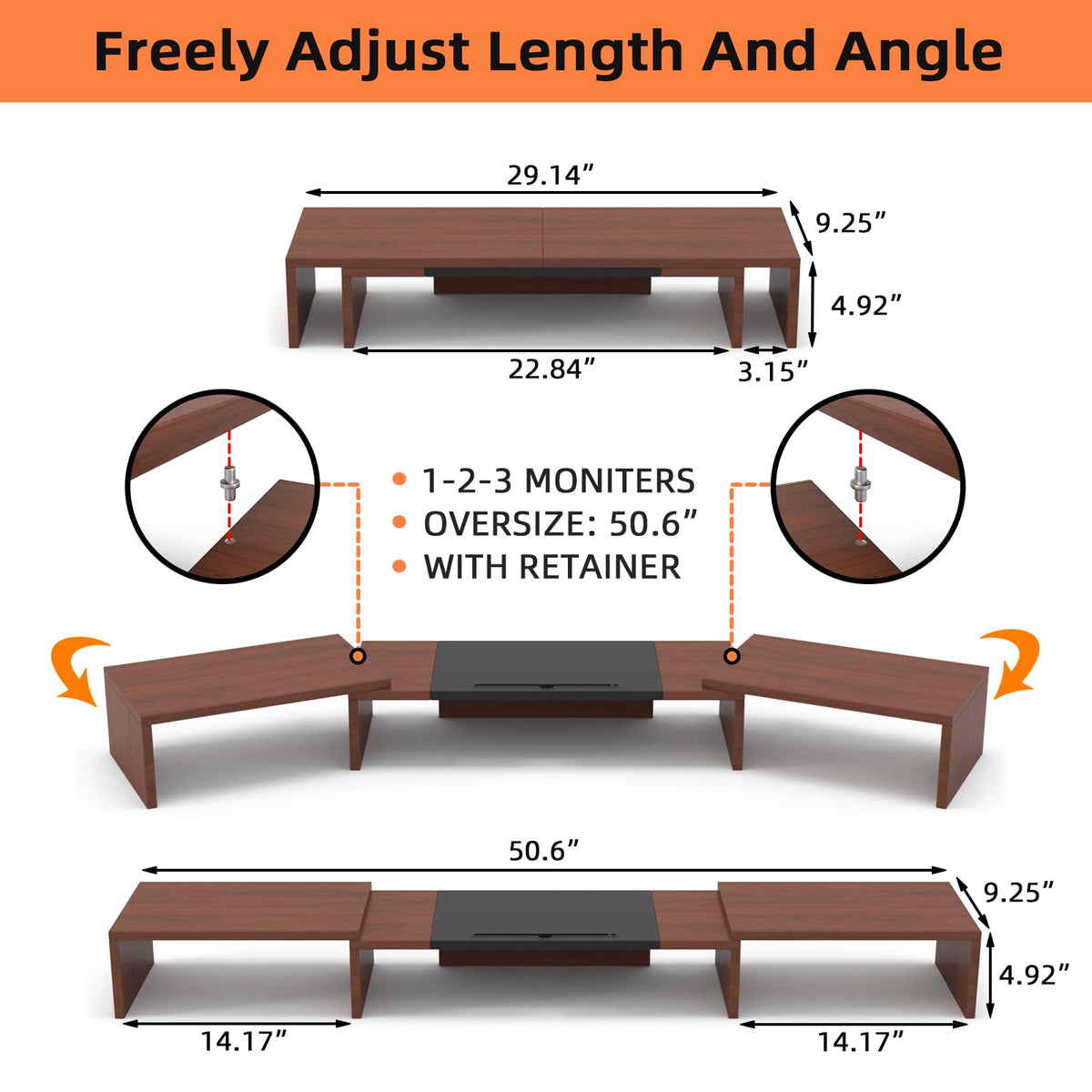 WESTREE Triple Monitor Stand Riser - Extra Long, Adjustable Length & Angle, 3 Shelf Desktop Storage