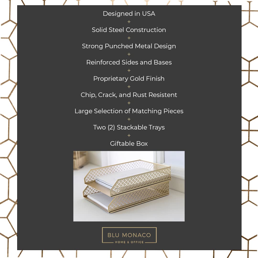 BLU MONACO | Paper Tray Stackable Gold Set of 2 | Stackable File Trays for Desk Organization |