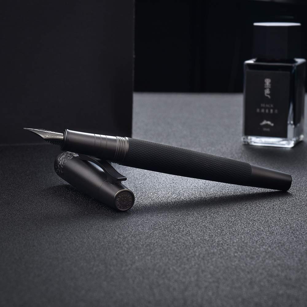 6013 Pure Black Solid Metal Fountain Pen Extra Fine Nib, Senior General Ink Converter Pen Metal Box
