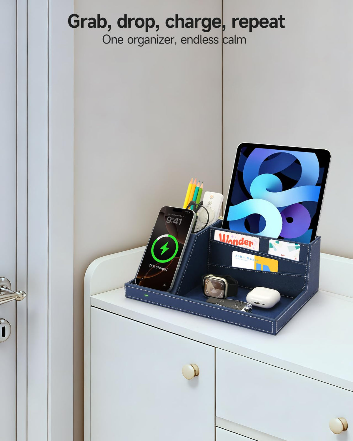 Desk Organizer with Charging Station, Nightstand Organizer Phone Docking Station, Men Gift Husband