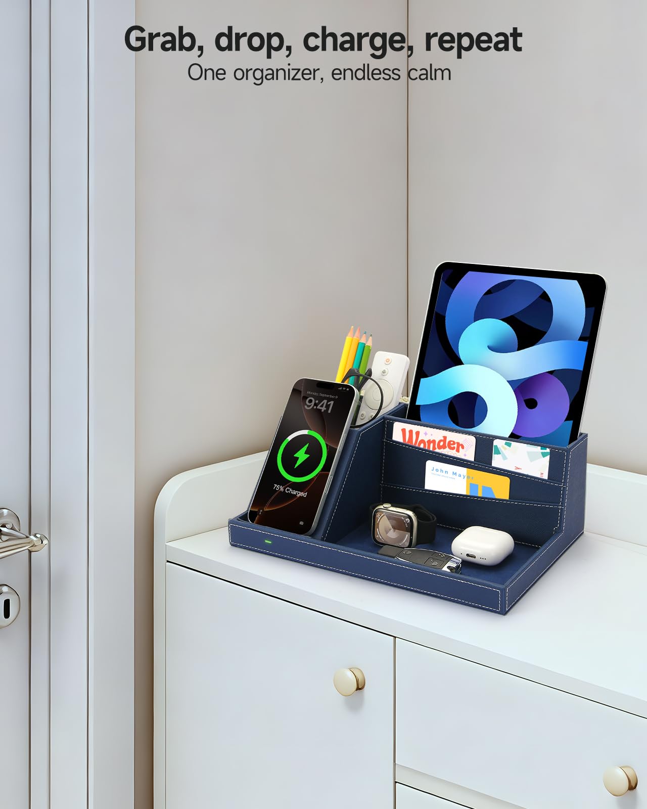 Desk Organizer with Charging Station, Nightstand Organizer Phone Docking Station, Men Gift Husband