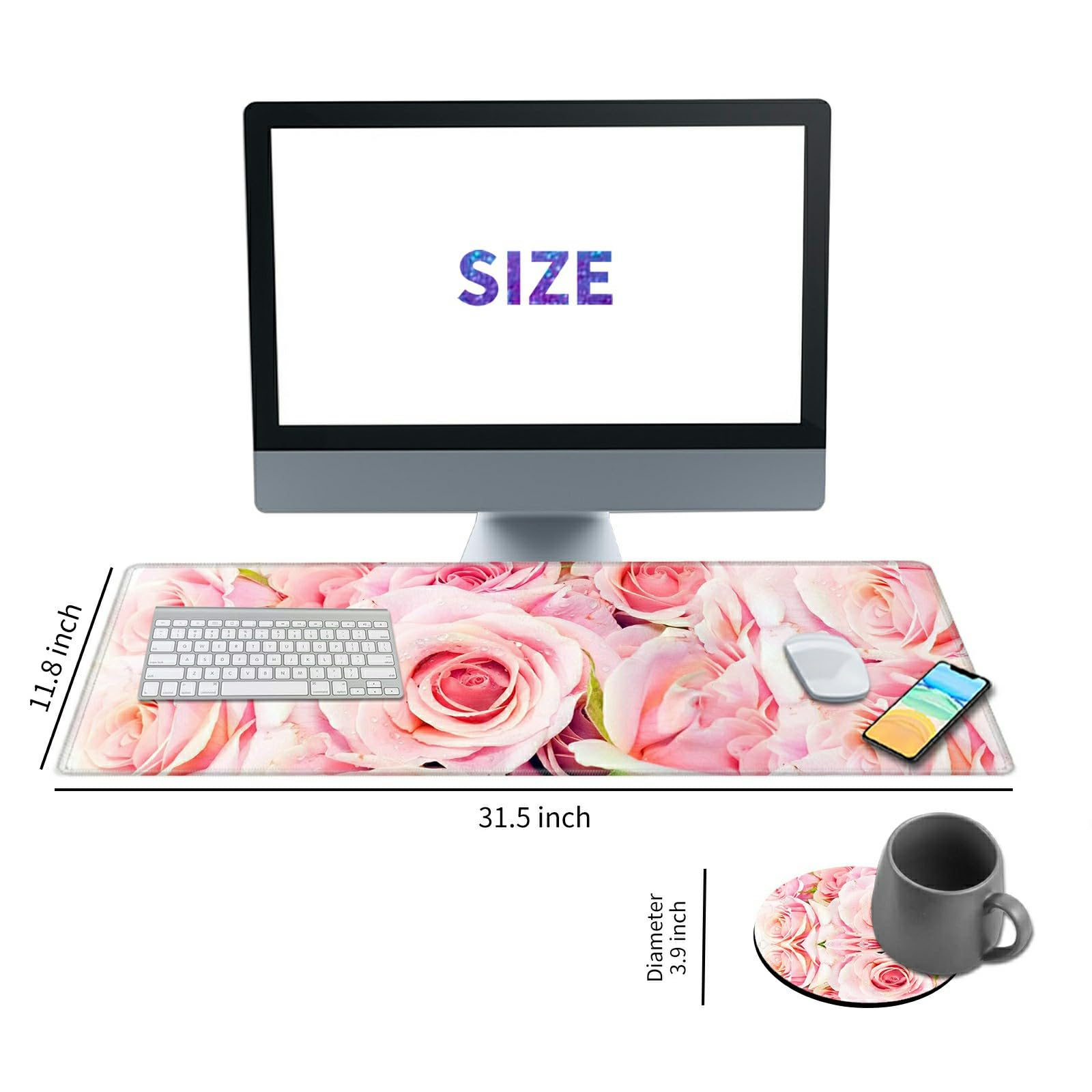 BEOTIWAD Large Mouse Pad with Cup Coaster, Pink Rose
