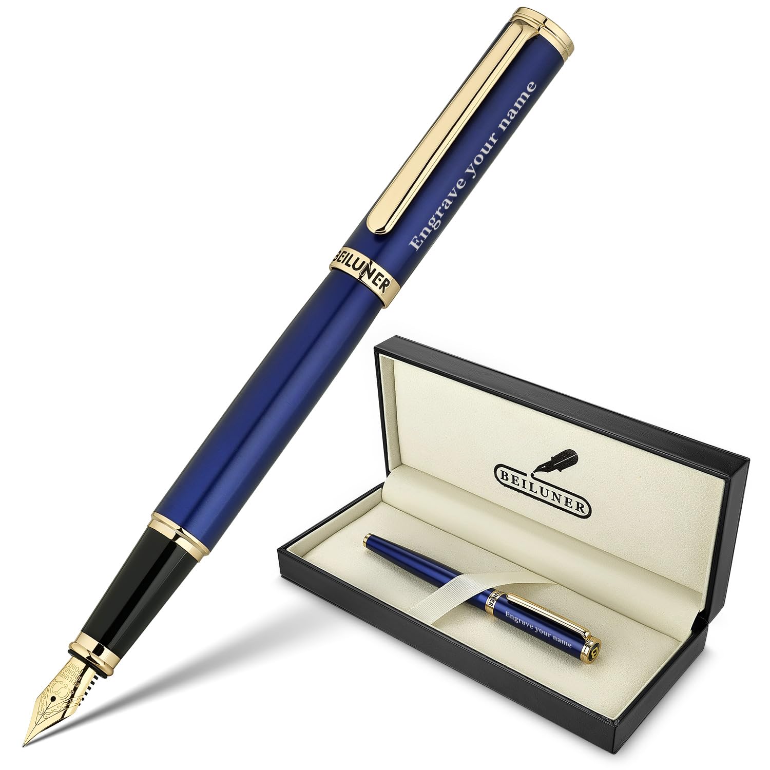 BEILUNER Blue Personalized Fountain Pen,Stunning Luxury Lacquer,24K Gilded Nib(Fine),Gorgeous 24K