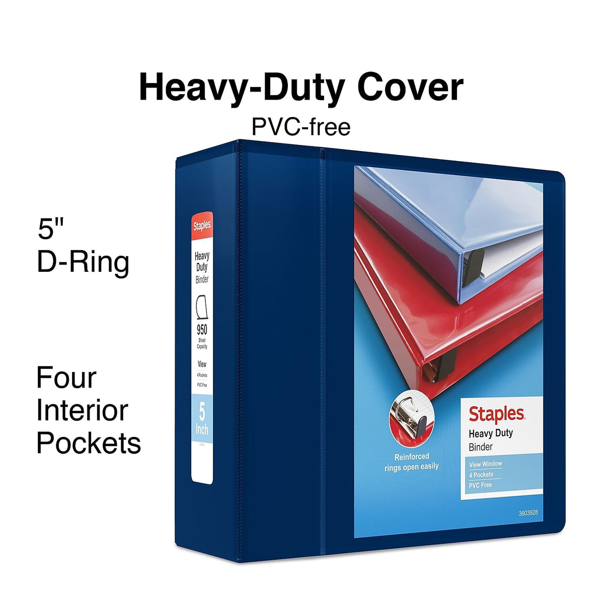 Staples Heavy-Duty 5-Inch D-Ring View Binder, Extra Large Capacity Holds Up to 1,000 Sheets, Navy